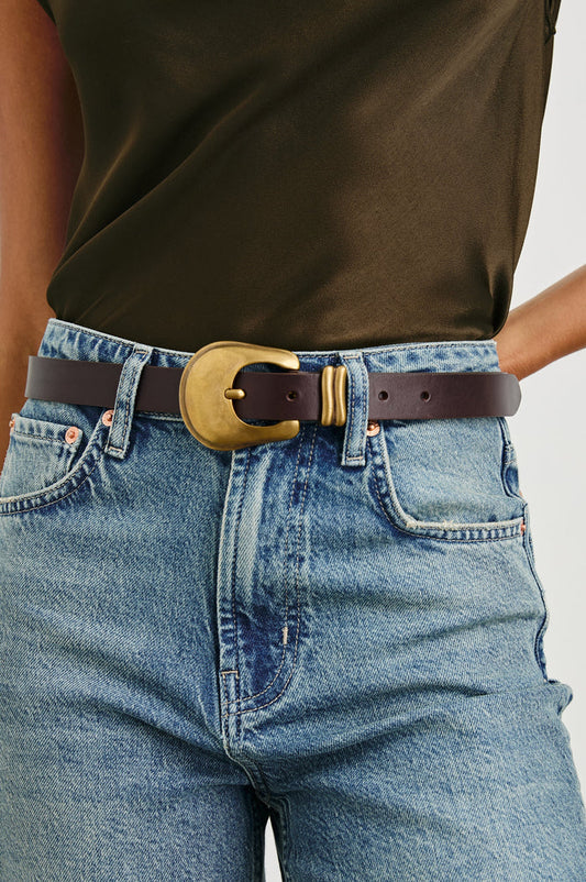 Rodeo Belt with a Brown Leather Belt with Belt Loop and a Chunky Gold-Toned Buckle in Brown Gold Colorway - Front View Featured on Model