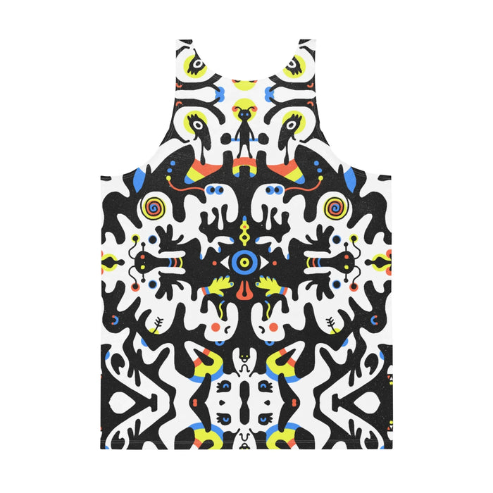 Rorschach Tabar Men's Tank - The stark central vertical axis mirroring "electric azure" (#2E86C1) eyes, "radioactive lemon" (#F1C40F) spirals, and "sunset coral" (#FF6B6B) appendages against the vintage noise-textured black void.