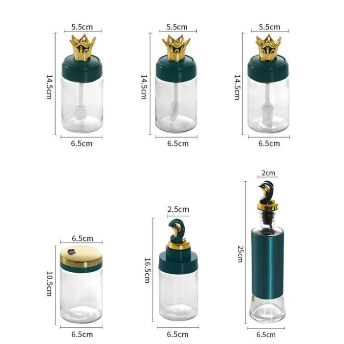 Close-up of Leak-Proof Oil Dispensers and Golden Finished Spice Containers