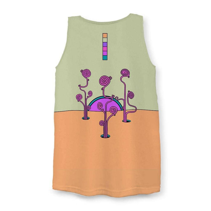 Sacred Sun Men's Tank - The anthropomorphic celestial sun face radiating energy above the electric magenta (#FF00FF) glitch-layered frames, set against a pale sage green (#C5D0A4) and sandy apricot (#F4A460) color-block background.