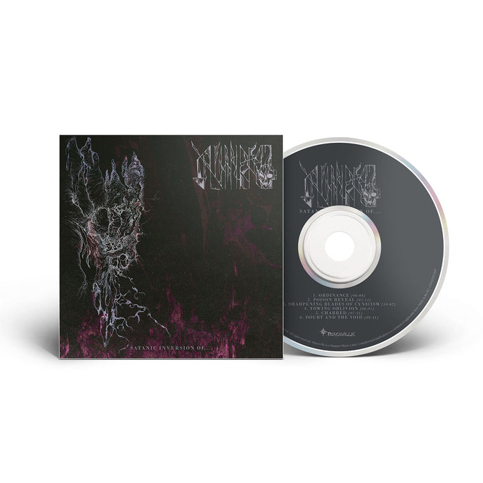 A CD and its case for the debut album Satanic Verses, Vol. 1 by Avmakt, featuring dark, abstract cover art with skeletal shapes in a chaotic design reminiscent of classic Norwegian Black Metal aesthetics and the band’s stylized logo at the top.