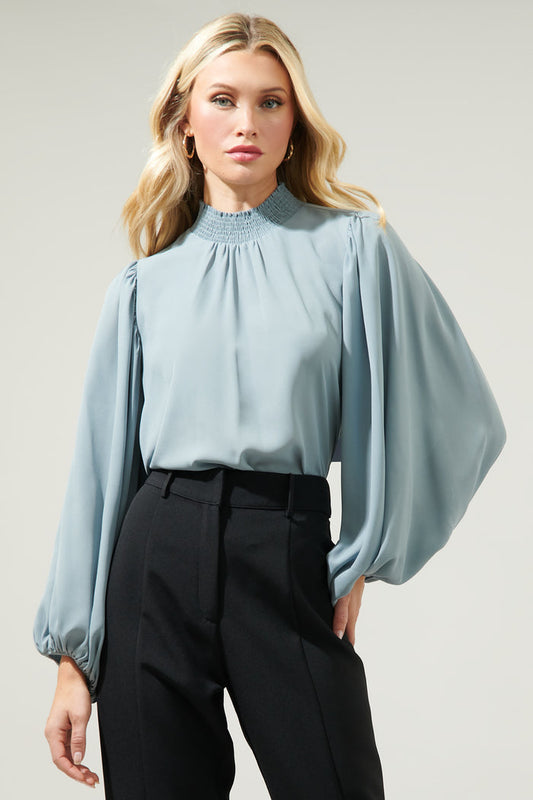 Sea Mist Figaro Balloon Sleeve Chiffon Blouse