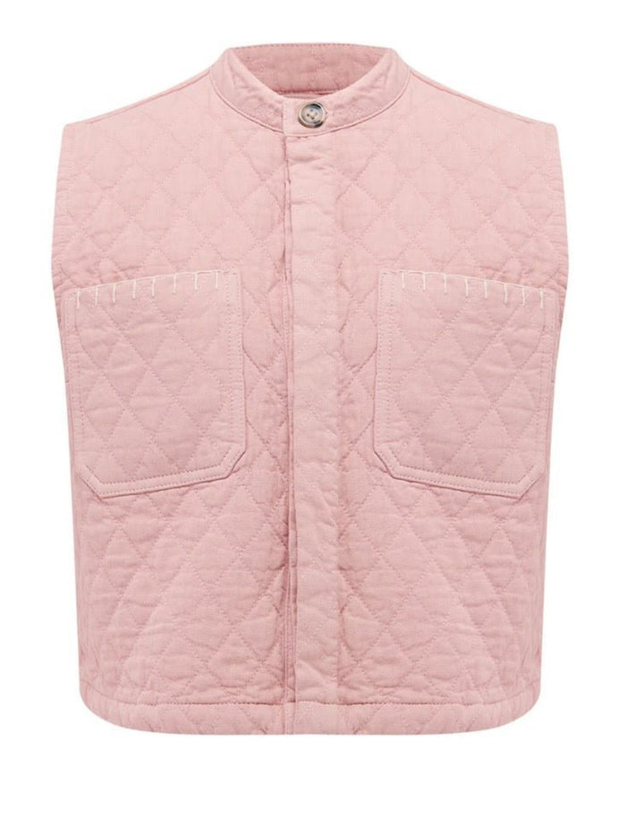 Pink quilted vest with buttons done up and two patch pockets with blanket stitching.