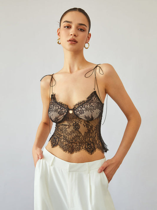 Sheer Tie Shoulder Floral Lace Cami Crop Top