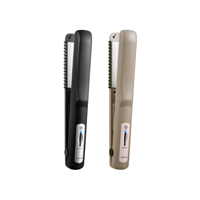 Two hair straighteners, one black and one beige, on a white background.