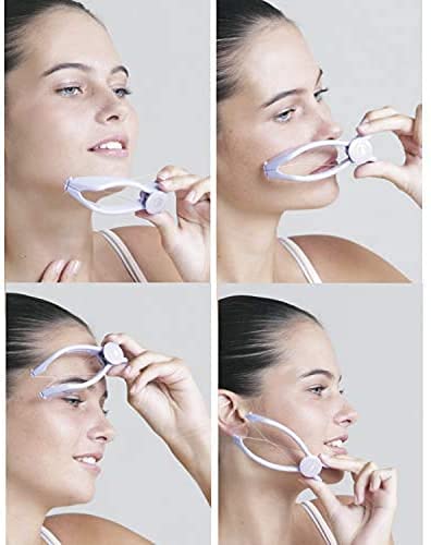 Collage of a woman using a skincare device on her face.