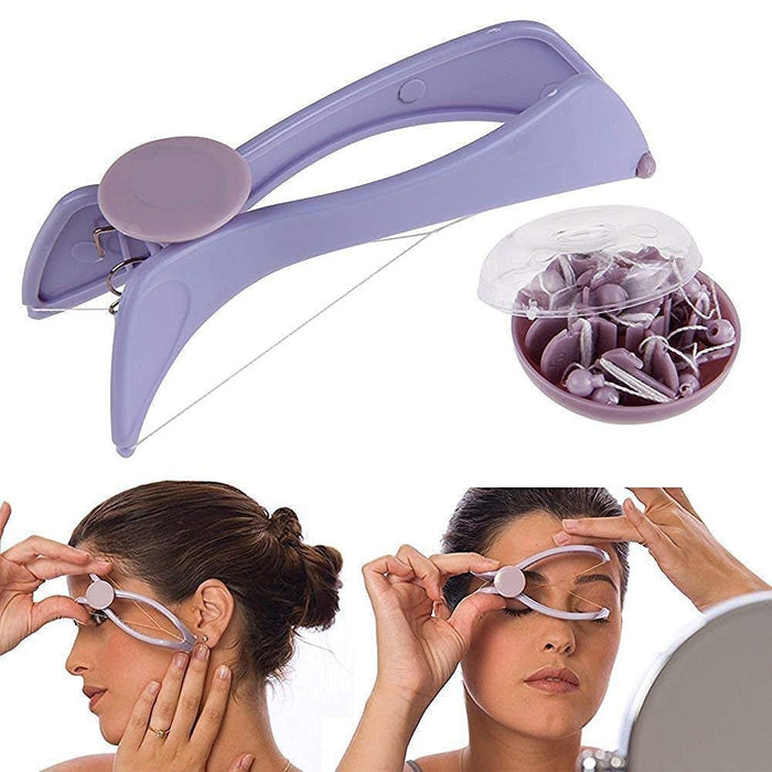Facial threading tool with thread spool and woman using the tool on a white background