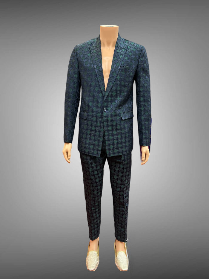 Silk Self Printed Space Blue & Hunter Green Short Jacket / Bandhgala