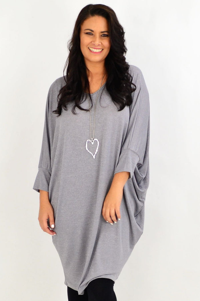 Silver grey oversized tunic dress by Lilia Whispers featuring a relaxed fit and stylish design, shown on a model.