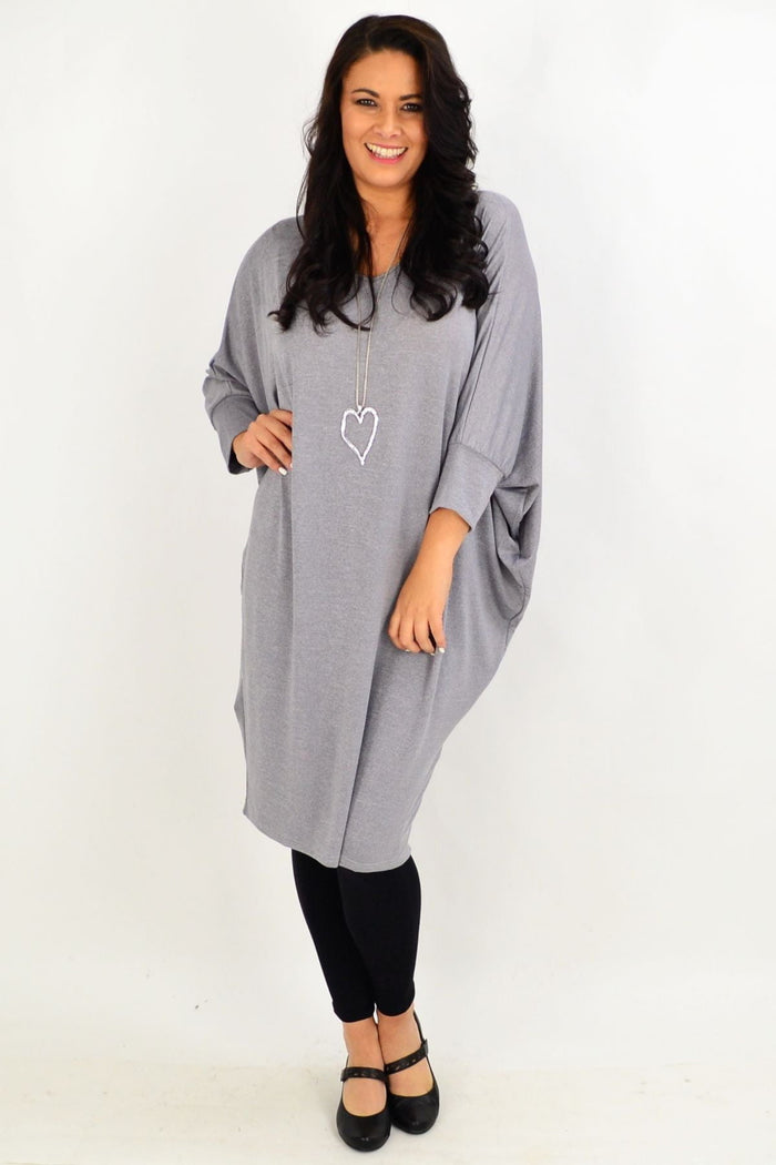 Silver grey oversized tunic dress by Lilia Whispers, flowing fabric with a relaxed fit and stylish neckline.