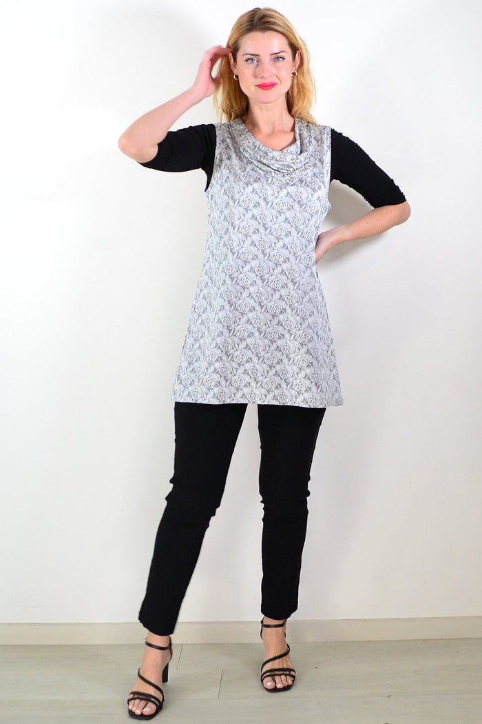 Silver sleeveless tunic top by Lilia with rose embroidery, flowing fabric, and relaxed fit, perfect for casual or dressy occasions.