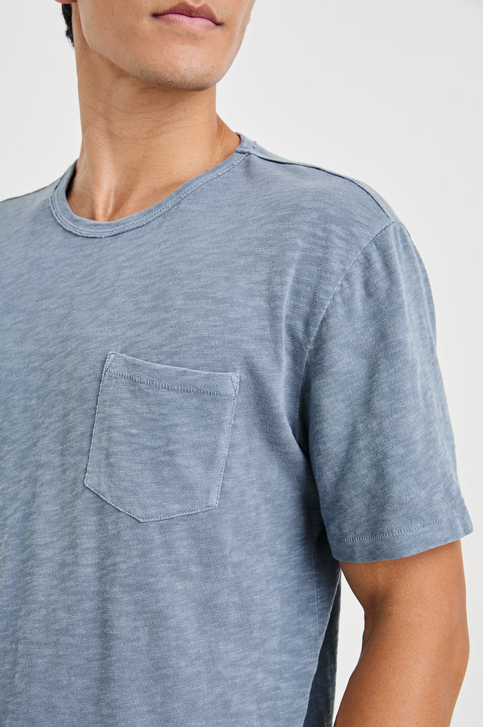 Skipper Short-Sleeve T-shirt with a Crew Neck and a Chest Patch Pocket in Steel Colorway - Front View Featured on Model