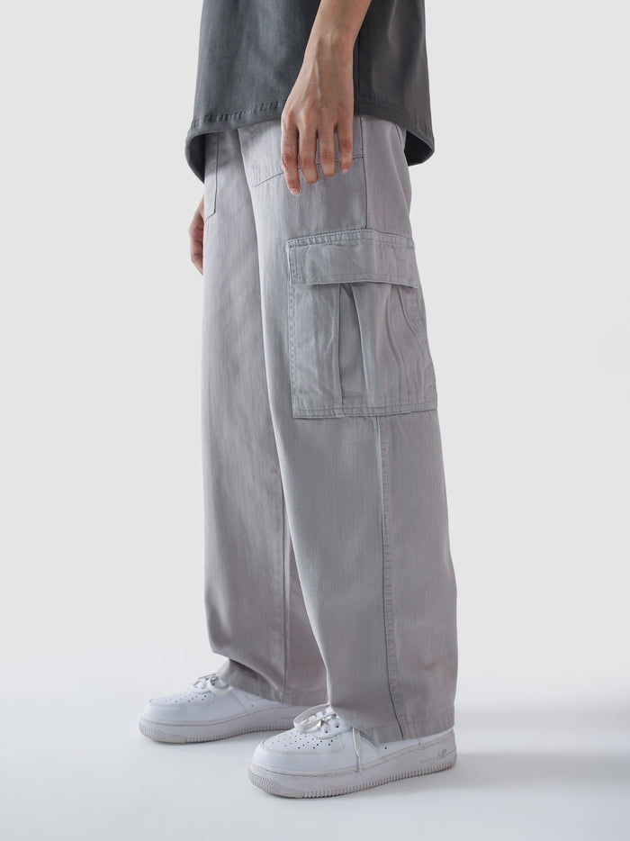 Slate grey cargo pants male model back view relaxed fit Pakistan – GROOVY