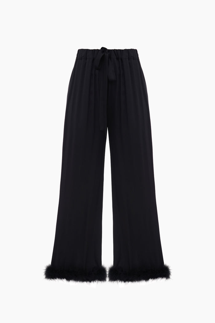 Black pants with feather trim an elastic waist and drawcord.