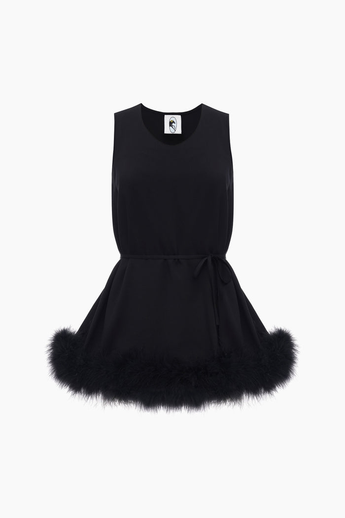 Black sleeveless top with feathered hem and round neckline.