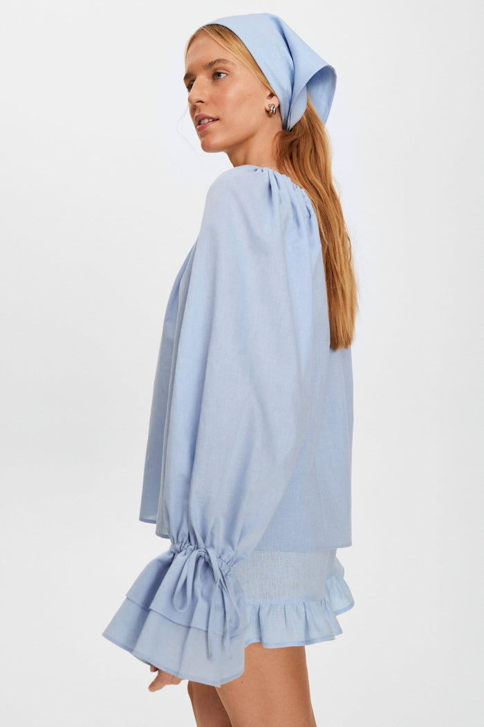 woman wearing Blue long sleeve top,  Lounge Short with Headscarf - ANNIE.G