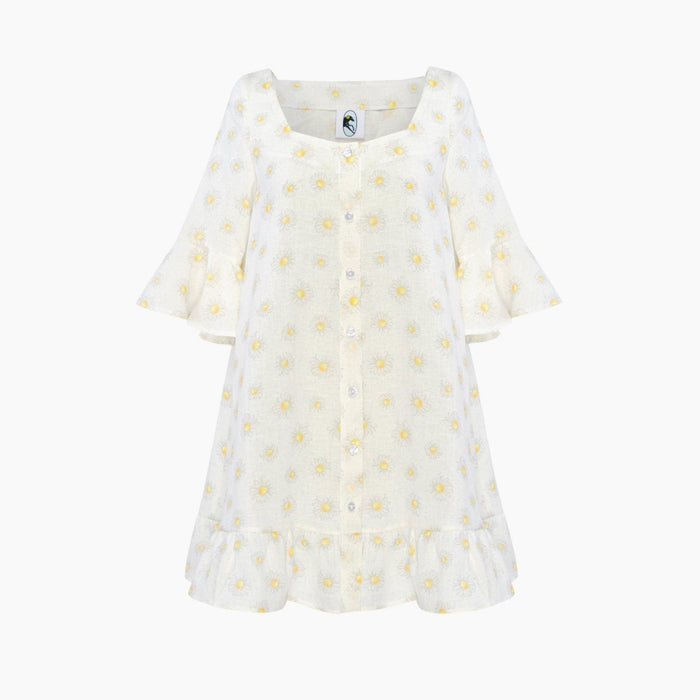 womens-linen-mini-dress-with-daisy-print-short-ruffle-hem-sleeves-and-hem-with-front-buttons