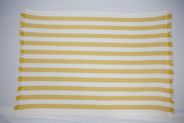 Yellow and white stripe small waffle weave hand towel with fringe edge - ANNIE.G