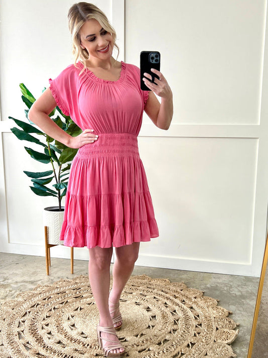 Smocked Tiered Dress In Pink Taffy