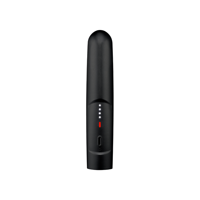 Black electronic device with a red light on a white background