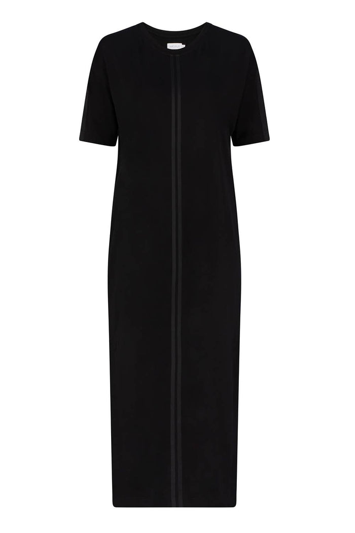 Front of a black t-shirt dress with short sleeves and two stripes of tonal grosgrain ribbon down the front from crew neckline - ANNIE.G