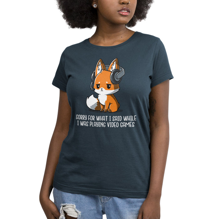 Premium Cotton T-shirt_Teeturtle denim blue Sorry For What I Said apparel featuring a fox wearing a headset looking apologetic with the text "Sorry for what I said while I was playing video games" written below.