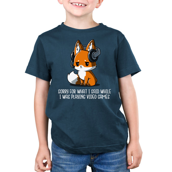 Premium Cotton T-shirt_Teeturtle denim blue Sorry For What I Said apparel featuring a fox wearing a headset looking apologetic with the text "Sorry for what I said while I was playing video games" written below.
