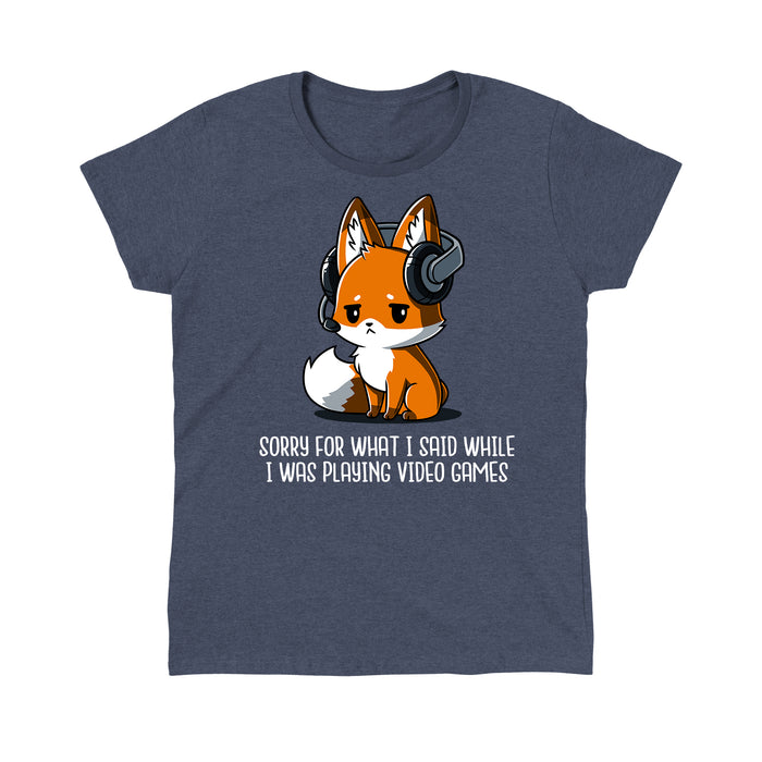 Classic Cotton T-shirt_Teeturtle heather navy Sorry For What I Said apparel featuring a fox wearing a headset looking apologetic with the text "Sorry for what I said while I was playing video games" written below.