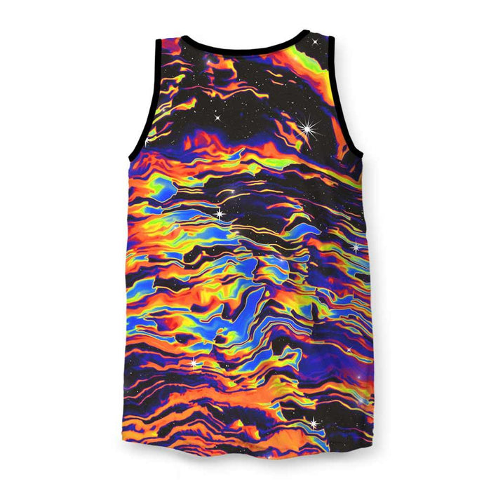 Space Drip Men's Tank - The surreal liquefaction of celestial bodies where electric cobalt (#0047AB) dissolves into molten lava orange (#FF4500) against a deep void background (#050505)