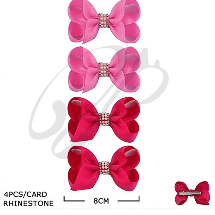 Sparkling Rhinestone Grosgrain Ribbon Bow Clips – 4-Piece Set (HCM-10220R)
