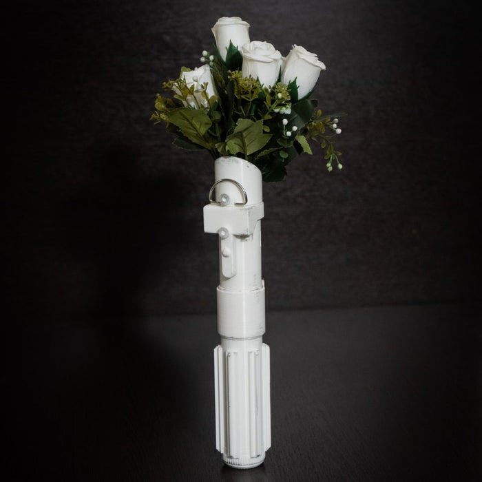Star Wars wedding bouquet holder in bride hands geek themed wedding ceremony