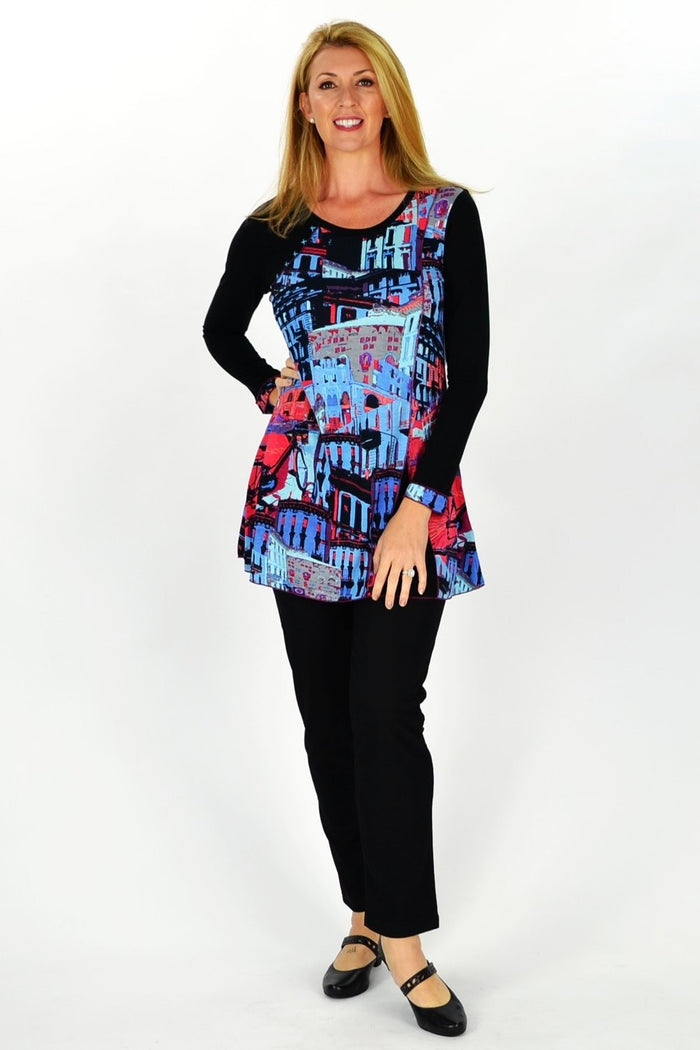 Colorful Streets of New York tunic by Orientique featuring a vibrant cityscape print on lightweight fabric.