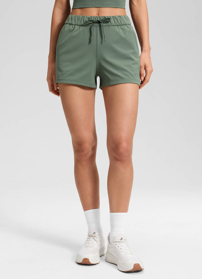 CRZ YOGA Women's Travel Stretch Mid-Rise Drawstring Shorts 2.5" Grey Sage