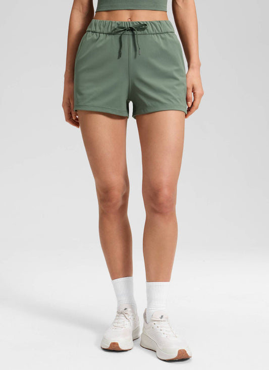 CRZ YOGA Women's Travel Stretch Mid-Rise Drawstring Shorts 2.5" Grey Sage