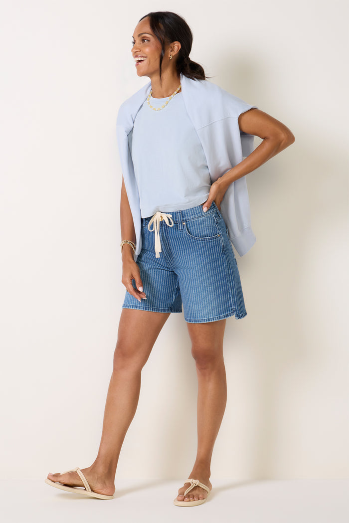 Striped Holly  Drawstring Denim Short