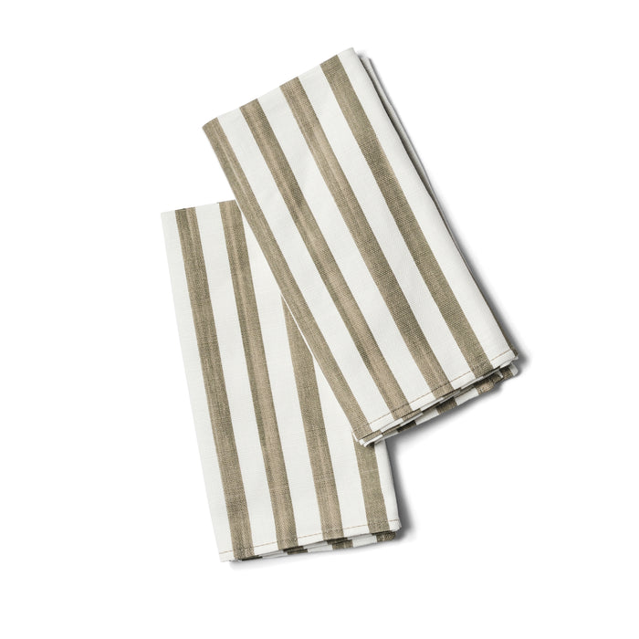 Two striped napkins with olive and white stripes folded.