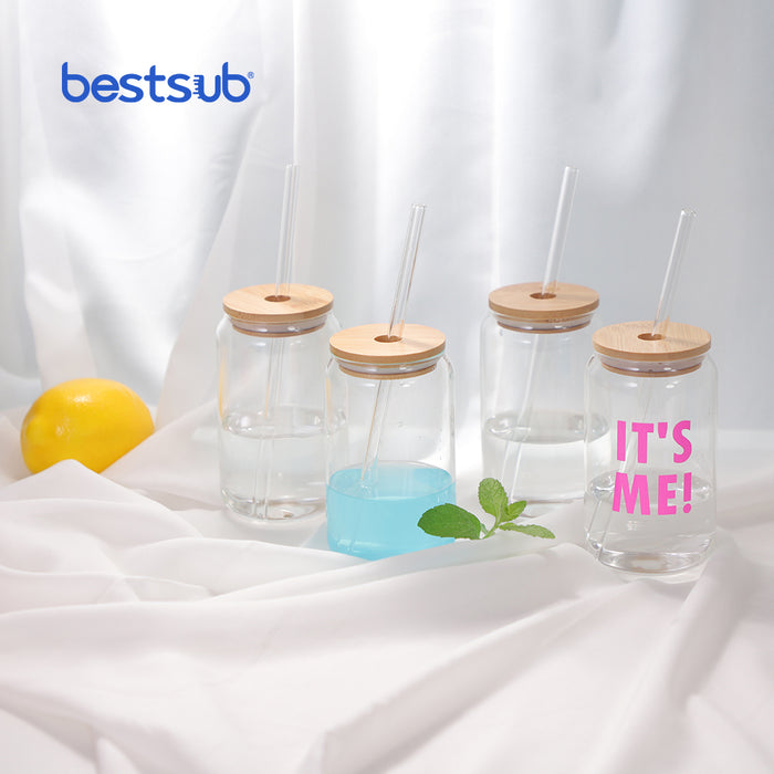 Sublimation Blanks 13oz/400ml Clear Can Glass Mug with bamboo lid & ss straw