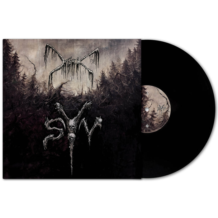 A black vinyl record half-sheathed in a moody album cover: twisted, barren trees in fog evoke Norwegian black metal, with Mork’s jagged logo and Thomas Eriksen’s cryptic white symbols.