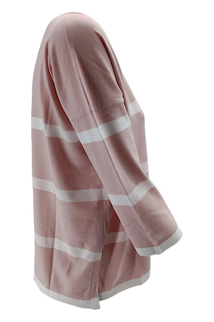 t-shirt donna a scatola fantasia a righe bianco e rosa