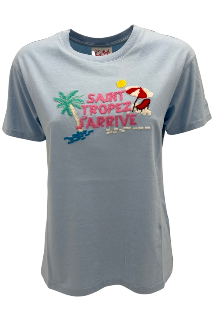 t-shirt donna azzurro con scitta saint tropez