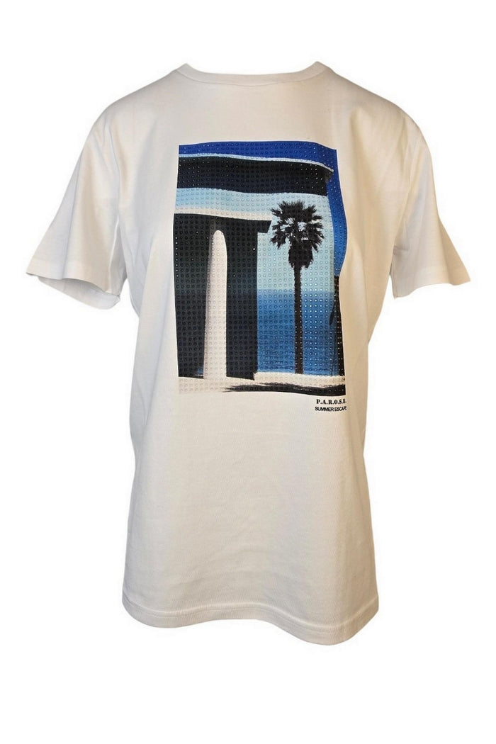 t-shirt donna bianco con stampa palme