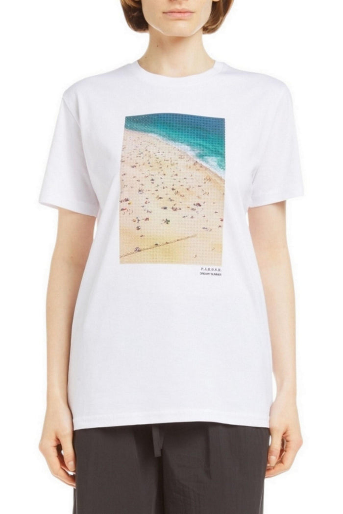 t-shirt donna bianco con stampa spiaggia