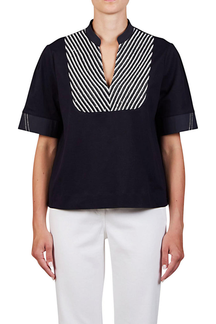 t-shirt donna blu con passamaneria blu e bianca