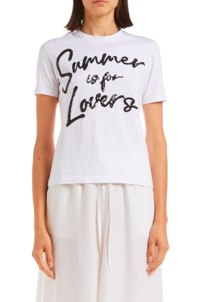 t-shirt donna con scritta in paillettes bianco e nero
