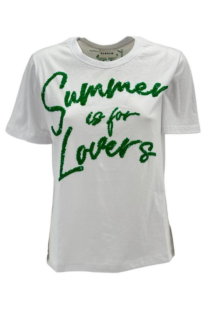 t-shirt donna con scritta in paillettes bianco e verde