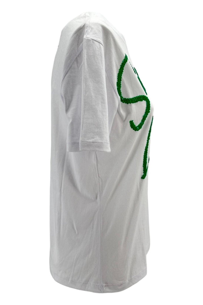 t-shirt donna con scritta in paillettes bianco e verde