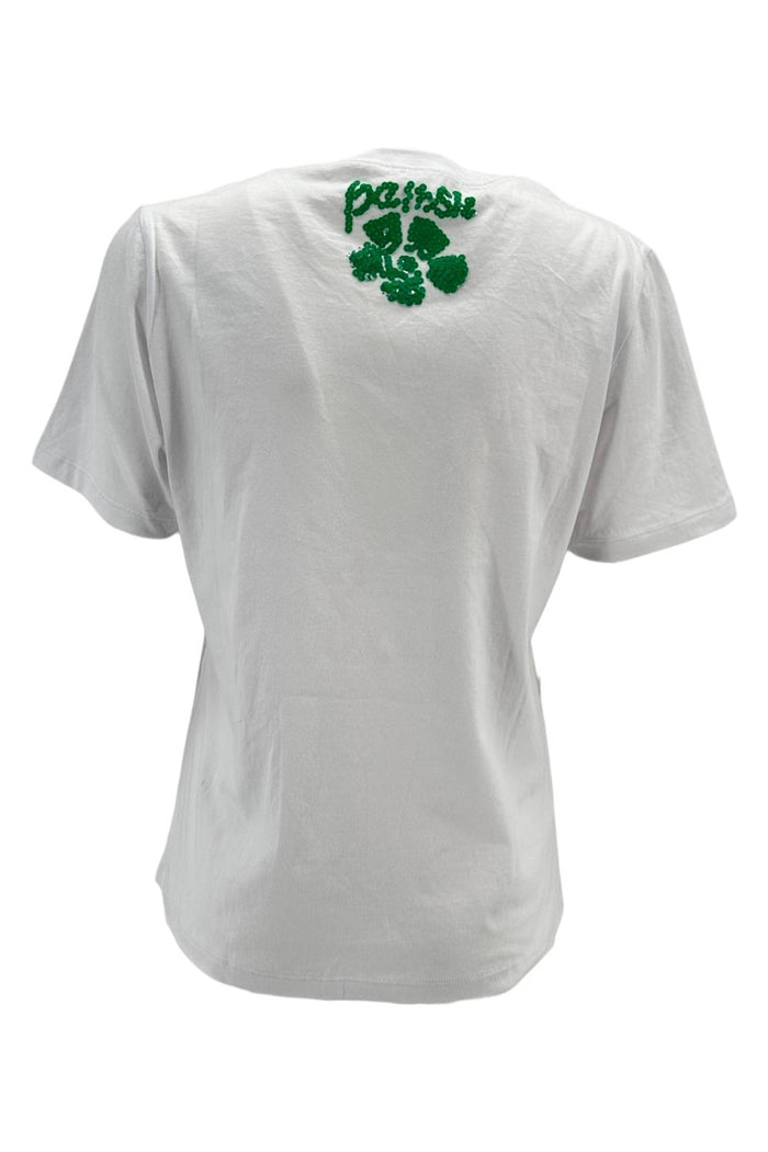 t-shirt donna con scritta in paillettes bianco e verde
