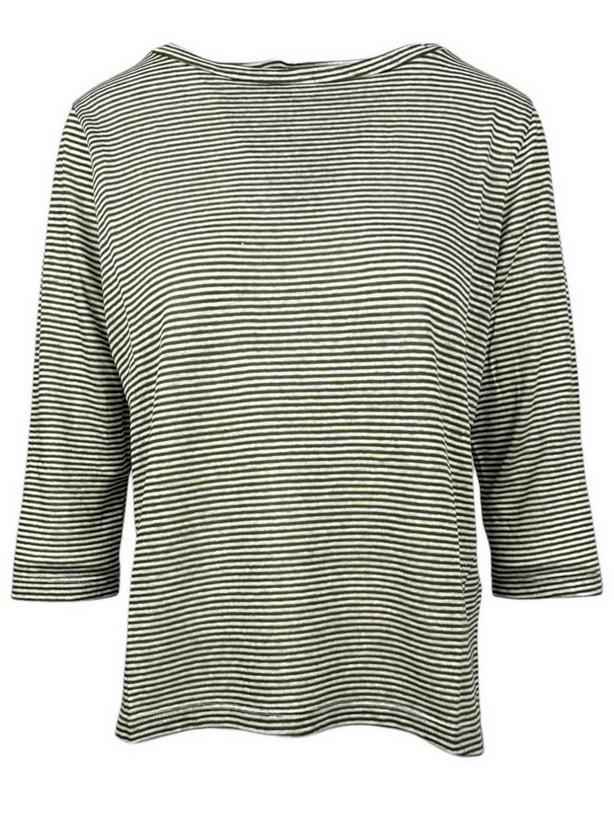 t-shirt donna in lino e cotone rigato manica 3/4 militare e bianco
