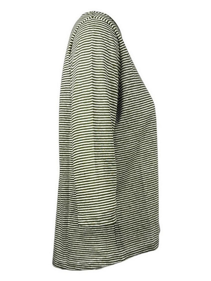 t-shirt donna in lino e cotone rigato manica 3/4 militare e bianco