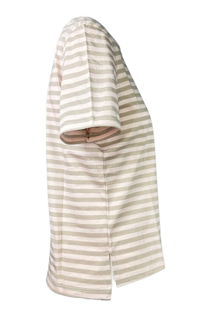 t-shirt donna manica corta scatola rigata rosa e beige